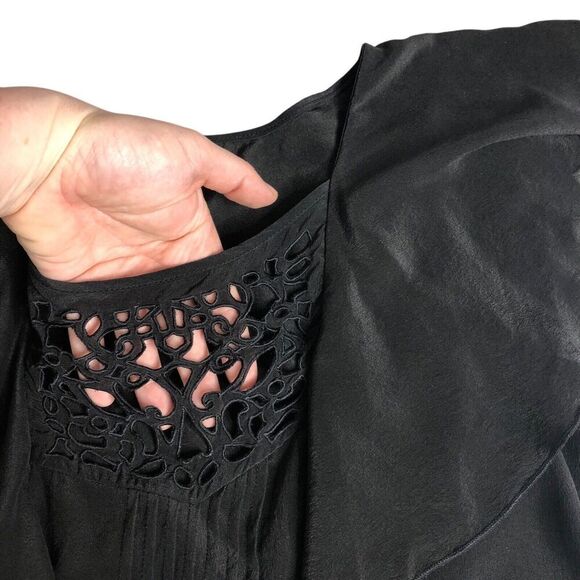 Daniel Rainn Top M Black Silk Crochet Flutter Sleeve Tunic Fairy Cottage Peasant - Picture 5 of 13